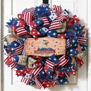 250th Anniversary Patriotic Wreath, 4th of July Wreaths for Front Door with Wooden Eagle Door Sign & Red White Blue Ribbon for Independence Day Memorial Day Patriotic Decorations
