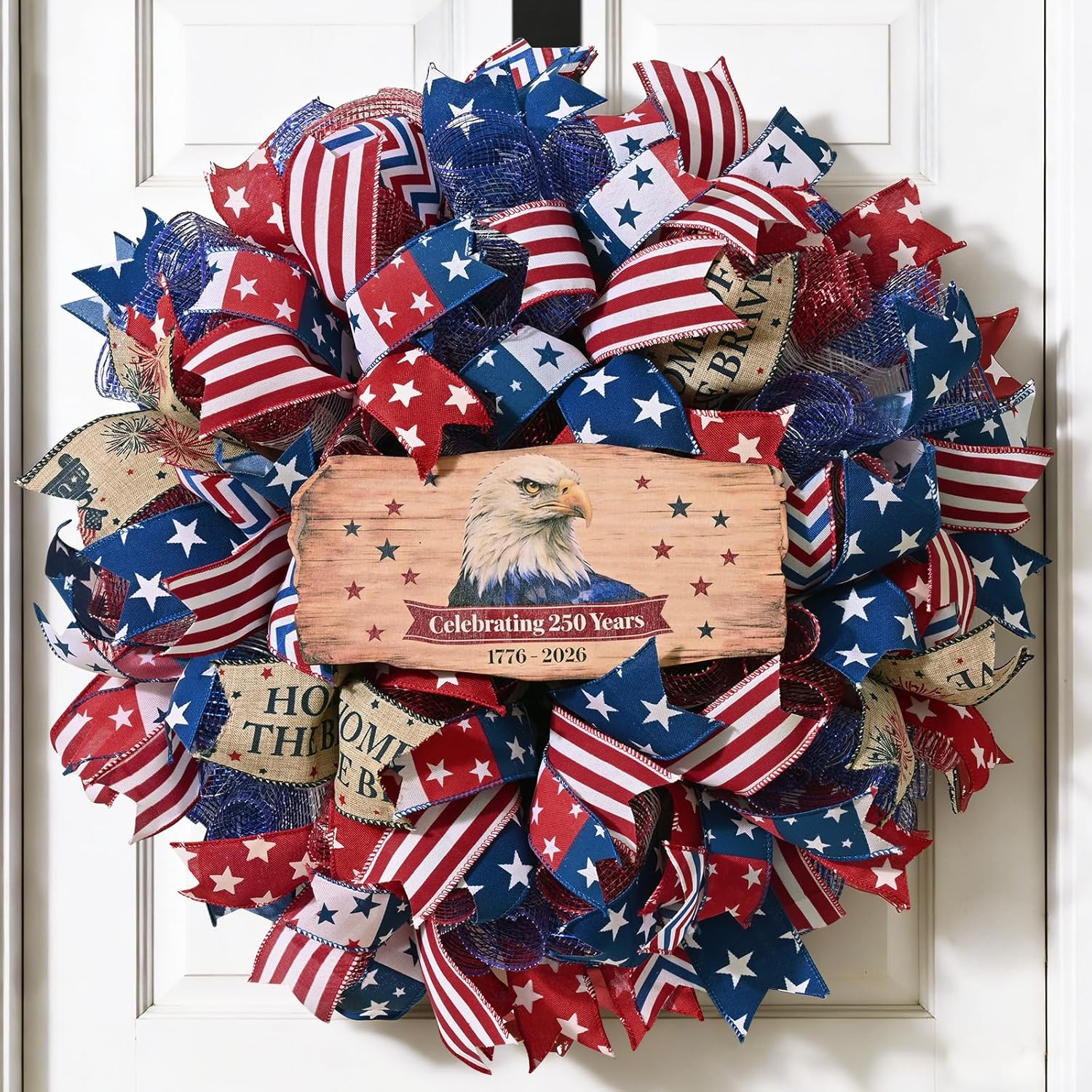 250th Anniversary Patriotic Wreath, 4th of July Wreaths for Front Door with Wooden Eagle Door Sign & Red White Blue Ribbon for Independence Day Memorial Day Patriotic Decorations