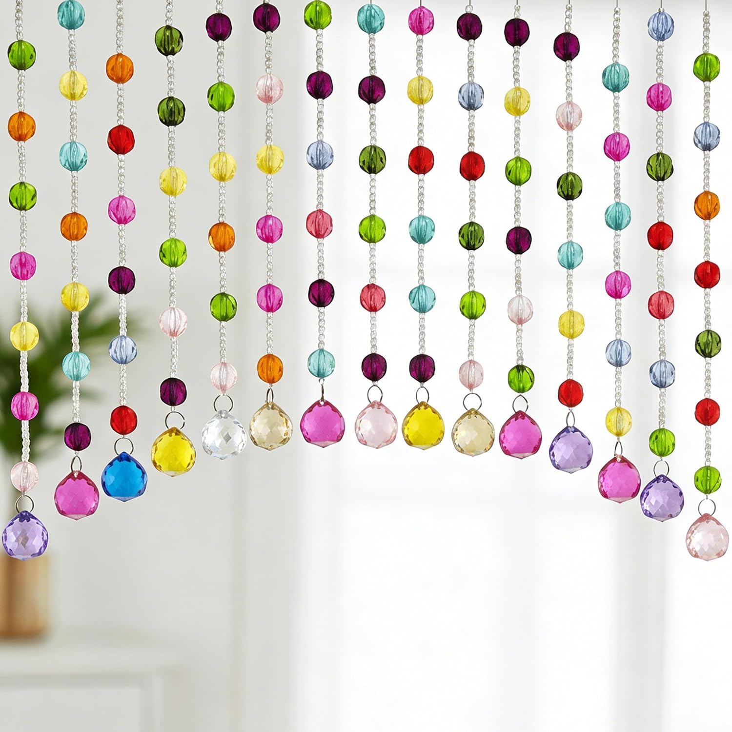 Acrylic Multicolor Beaded Door Curtain, Self-Adhesive Door String Beads Curtains for Doorways Hippie Window Closet Door Way Bead Hangings Curtain Arched Bedroom Hallway String Curtains(20 Strings)
