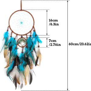 Feather Dream Catcher, Blue Tree of Life with Feathers Dreamcatcher Bead Wall Hanging Decor Indians Traditional Circular Net Hanging Art Ornament for Home Bedroom Decor