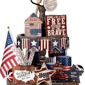 FoldTier 18 Pcs 4th of July Tiered Tray Decorations Set 250th Anniversary Rustic Wood Patriotic Decoration Glow American Flag Star White Blue Red Decor for Independence Day July 4th Decor