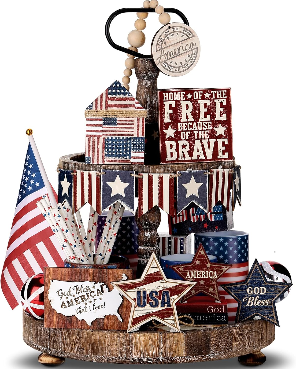 FoldTier 18 Pcs 4th of July Tiered Tray Decorations Set 250th Anniversary Rustic Wood Patriotic Decoration Glow American Flag Star White Blue Red Decor for Independence Day July 4th Decor