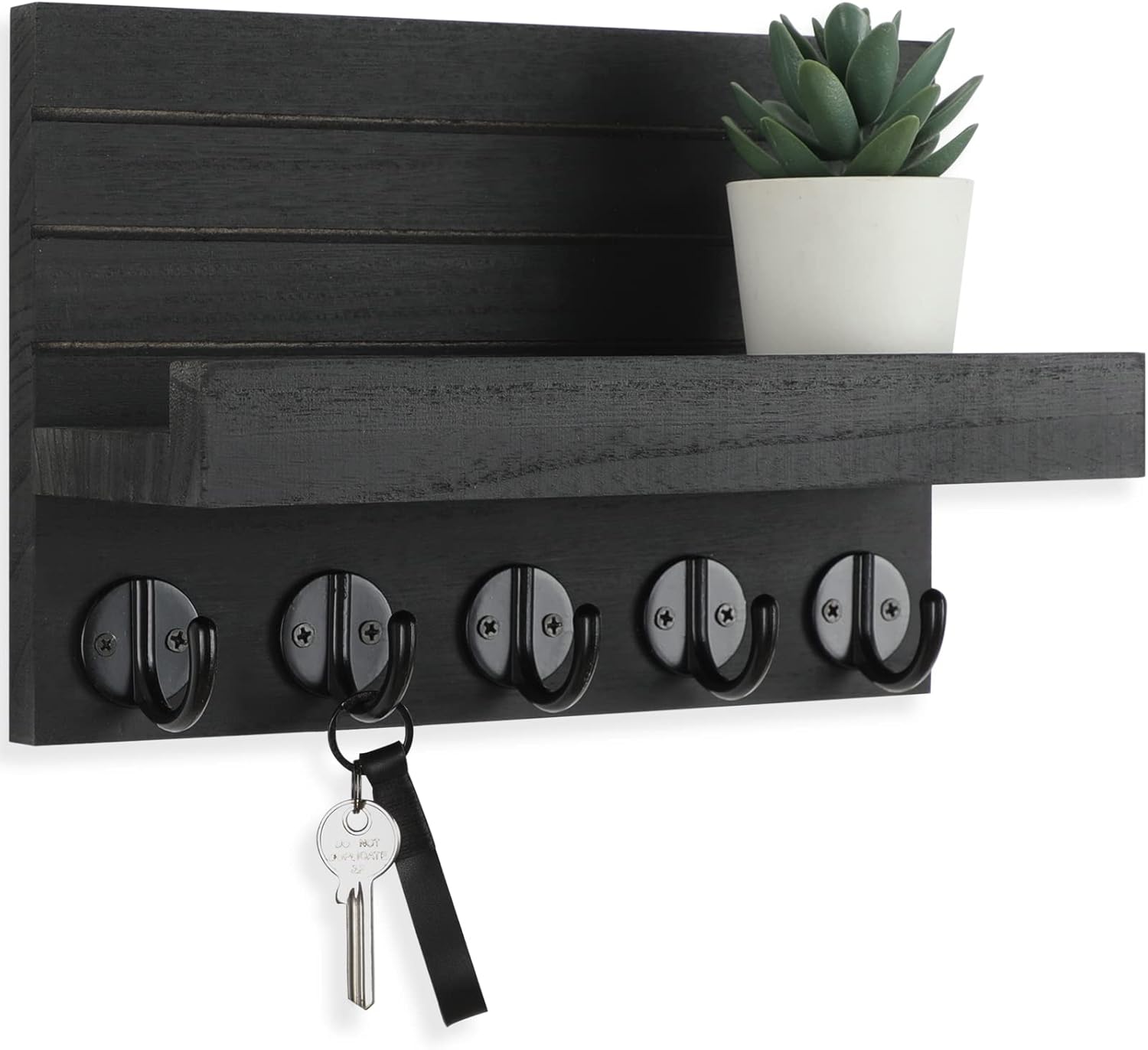 Lwenki Key Holder for Wall, Decorative Key and Mail Holder with Shelf Has Large Hooks for Bags, Coats, Umbrella – Paulownia Wood Key Hanger with Mounting Hardware